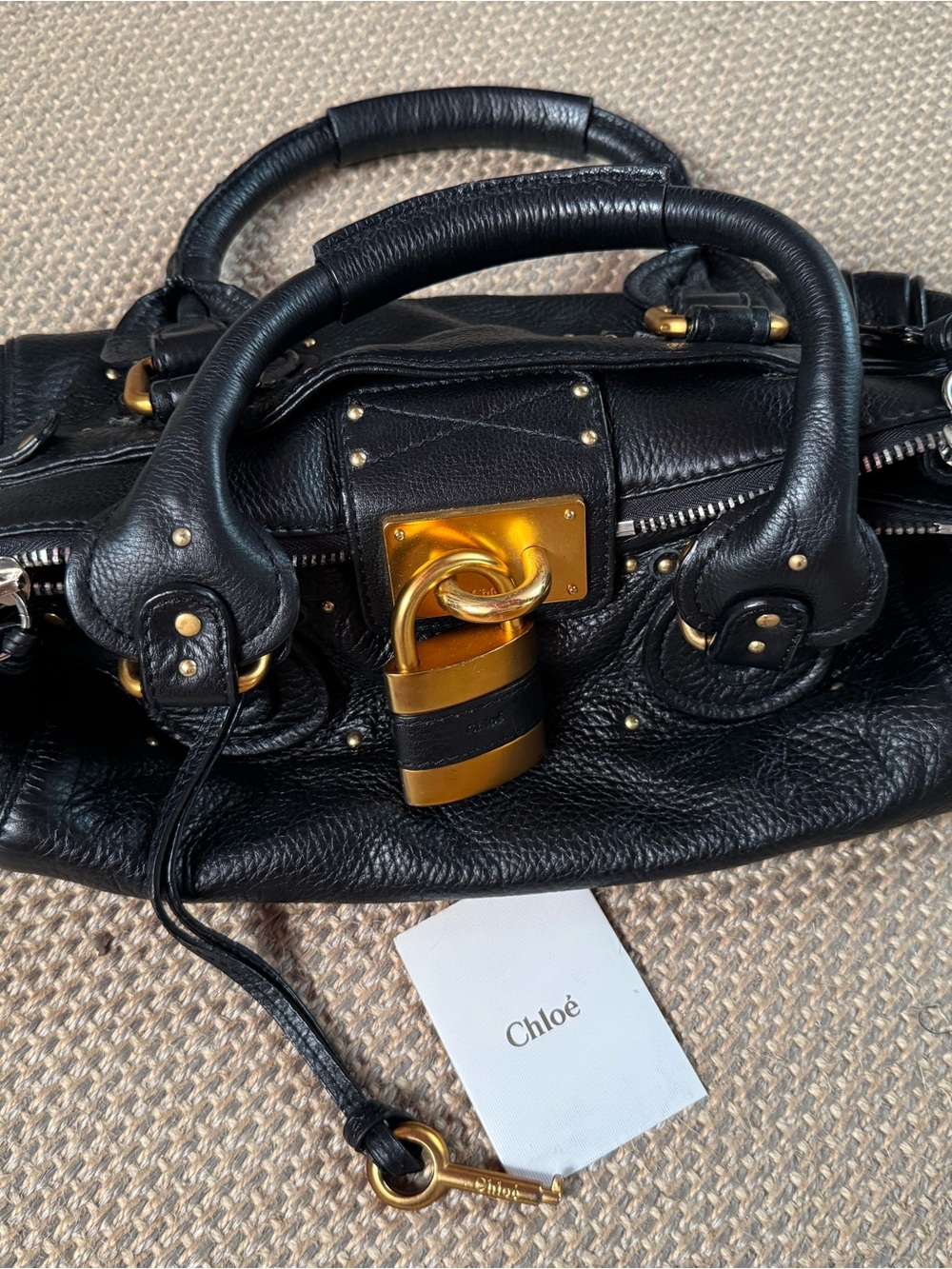 Chloé Black Leather Paddington Satchel with Gold Padlock Accent
